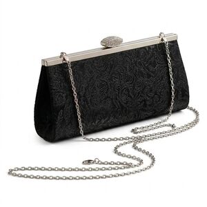 [Lulu Townsend] Velvet Floral Black Clutch Silver Bling Latch & Removable Chain